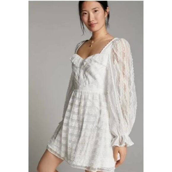 ML Monique Lhuillier White Lace Bishop-Sleeve Mini Dress Sz 0 — Bridal - Picture 3 of 10